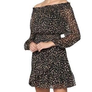 Fate Black/ Tan Leopard Print Off Shoulder ruffle  Long Sleeve Mini Dress Sz M